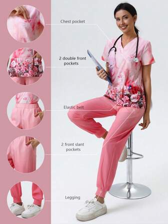 女士休闲通勤 V 领多口袋松紧腰图案手术服套装，适合护士、牙医、医疗保健、宠物医院、实验室
