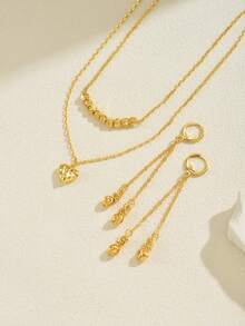 3pcs/Set Minimalist Elegant Round Bead Geometric Tassel Long Necklace & Earrings Jewelry Set, Suitable For Women's Wedding, Anniversary, Evening Gown - Gold - View 7