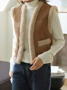 女士休闲羊毛布背心羊毛保暖无袖夹克短款春秋季上衣