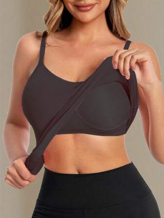 女士黑色露背吊带背心，内置胸垫，长款，健身款