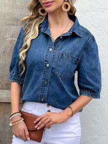 女士藏蓝色泡泡袖牛仔衬衫 - 灯笼袖时尚休闲牛仔衬衫，牛仔上衣 - 深色水洗藍 - 查看 2