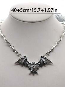 1Pc Fashionable Bat-Shaped Irregular Chain Gothic Punk Style Silver Alloy Pendant Necklace For Women's Halloween Party Daily Wear Gift - 銀色 - 查看 2