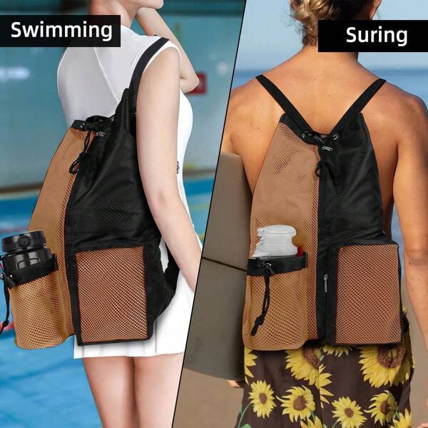 1pc Drawstring Net Backpack With Wet Compartment, Suitable For Swimming, Traveling, Gym And Outdoor Activities