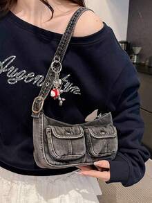 时尚复古女士单肩包，百搭优质腋下包，小众风格牛仔手提包带吊坠