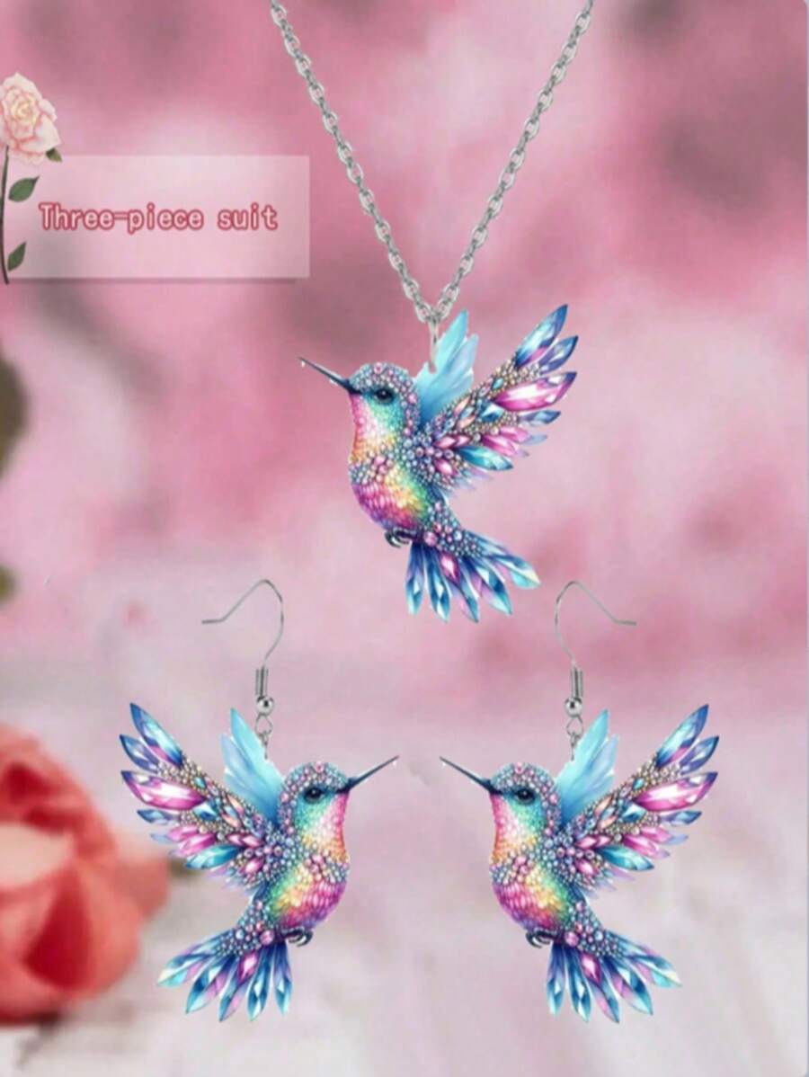 1Set Elegant Fashion Acrylic Hummingbird Necklace & Earrings Set With Multi-Color Wing Design, Suitable For Daily Wear And Birdwatching Enthusiasts, An Ideal Gift For Friends