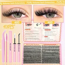 418Pcs Fluffy Clusters Lash Extension Kit Thick Eyelash Extension Kit 40D Wispy Cluster Individual Lashes Kit With Lash Bond And Seal, Eyelashes Tweezers, Lash Brush DIY At Home And Reusable(418Pcs,8-18mm)