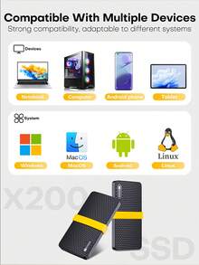 Kodak X200 1TB 2TB External SSD Type-C Hard Drive Flash USB3.2 450Mb/S Portable SSD 128GB 256GB 512GB Mini PSSD For Laptop Desktop Mobile - Black - View 8