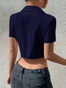 Navy Blue Short Sleeve Shirt With Cutout Waist, Minimalist Design, Sexy And Fashionable, Summer
