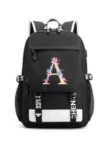 1 件带充电端口的字母图案印花功能性尼龙背包，男女皆宜，适合高中生和大学生、旅行和度假使用（字母从 A 到 Z）