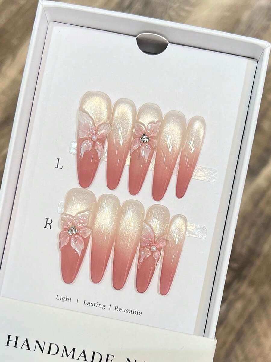 10 片纯手工可穿戴长椭圆形指甲，指甲按压指甲美甲用品夏季指甲按压指甲片手工按压指甲春季按压 Y2k 指甲短按压指甲假指甲