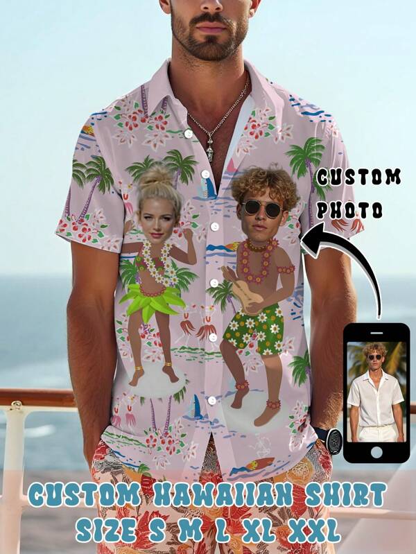 Summer Men Custom Photo Vibrant Tropical Print Hawaiian Shirt Couple Clothes Beach Grass Skirt Dance Aloha Shirt For Surfside Sunsets & Rooftop Tiki Bars - Seamlessly Shifting From Rainforest Adventures To Metropolitan Weekend Brunch Vibes
