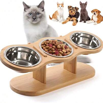 Elevated Cat Bowls, Cat Food And Water Bowls Tilted 15°, Wooden Pet Bowls With Anti-Vomiting Holder, 3 Stainless Steel Bowls For Small Cats And Puppies, Adjustable Wooden Holder For Dog Bowl