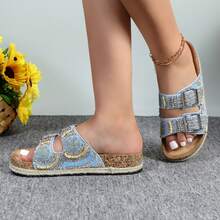 Womens Slides With Cork Footbed Open Toe Adjustable Webbing Flat Sandals For Walking | Beach | Indoor POWDER-03 - Màu xanh lam - Xem 4