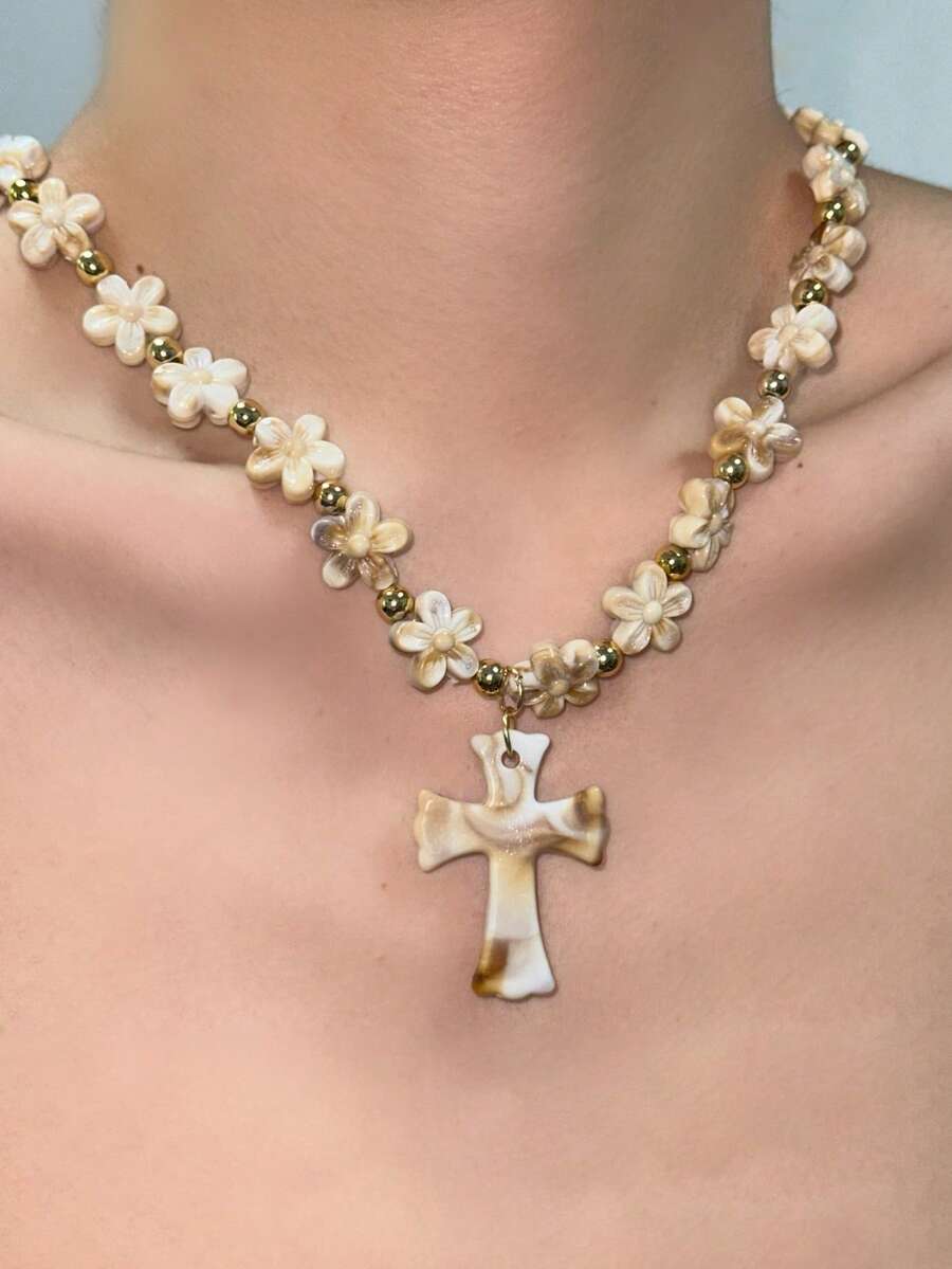 1 件花朵串珠十字架吊坠项链，时尚树脂项链适合女性日常佩戴，适用于派对、音乐节、表演穿着、珠宝礼物