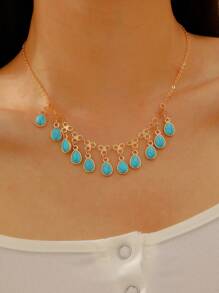 1 colar vintage estilo boêmio com pingentes múltiplos de turquesa azul, adequado para feriados, festas e presente de dia das mães