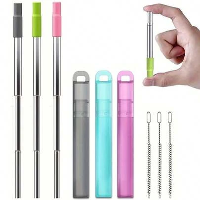 金属可重复使用吸管，可折叠不锈钢饮用吸管，便携式伸缩旅行吸管，带盒子和清洁刷，可折叠口袋吸管，适用于旅行、学校、野餐、学校用品