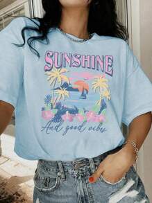 1 pieza Camiseta de cuello redondo de manga corta estampada de colores casual para niñas, ropa de verano para estudiantes y jóvenes - Estampados vibrantes que inspiran la imaginación y la autoexpresión