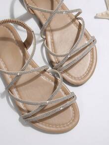 女士夏季新款露趾欧美风格条纹交叉一脚蹬松紧带平底凉鞋 - 杏色 - 查看 9