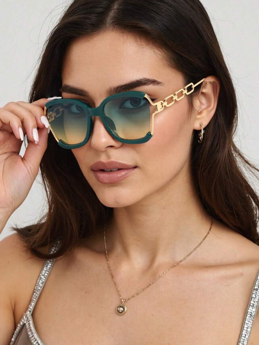 New Fashion Metal Vintage Oversized Frame Chain Decor Fashion Glasses, Versatile High-End Street Style, Suitable For Party, Holiday, Daily Casual, Beach, Outdoor Travel, Office, Stylish And Elegant