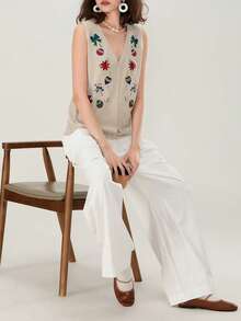 Women's Autumn Winter Sweater Vest V Neck Christmas Pattern Print Button Up Knit Tank Tops - Khaki - View 5