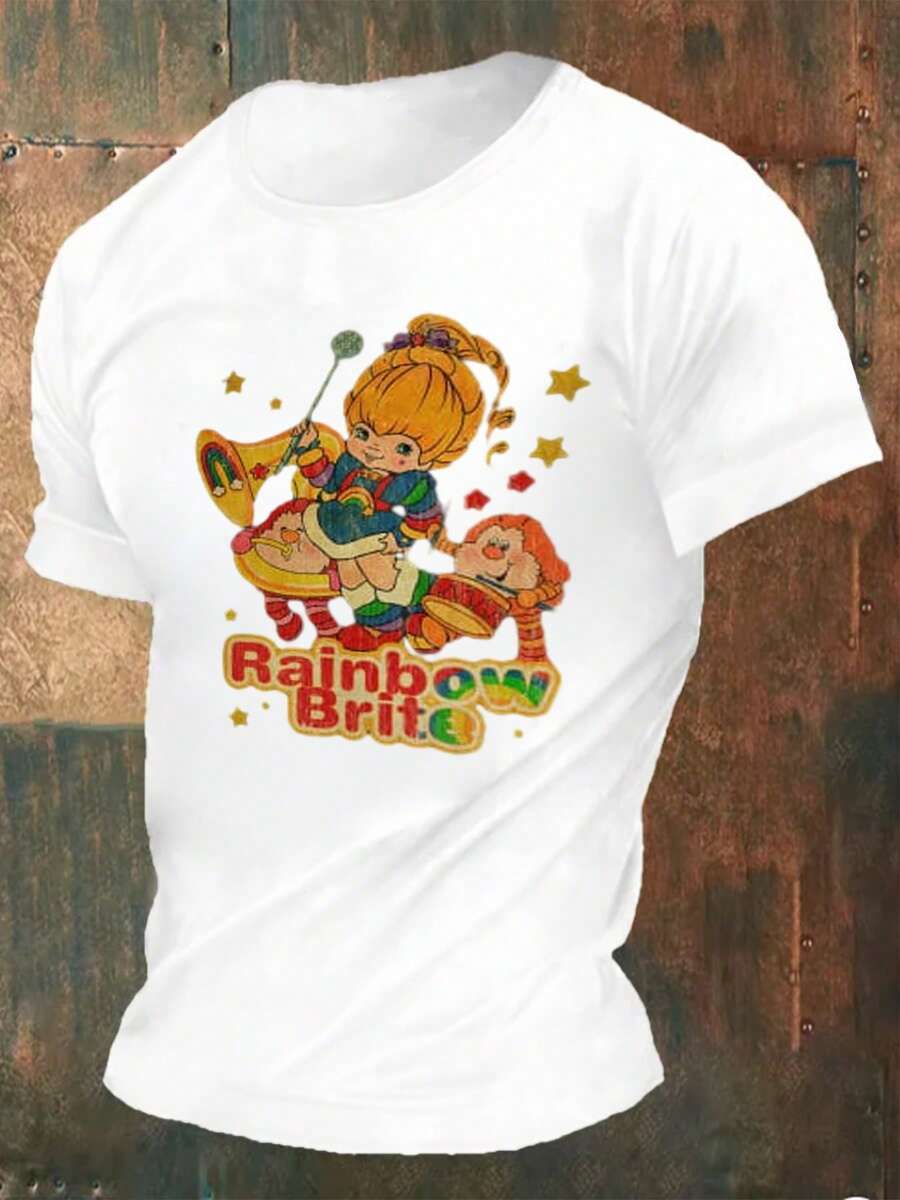 Plus Size Men's Rainbow Brite Cartoon Graphic TShirt Comfy Cotton Blend, Large Sizes Available, Fun And Colorful Design, Perfect Casual Tee - trắng - Xem 1