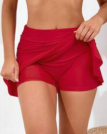 Halcurt Women's High Waisted Ruched Ruffle Swim Skirt With Shorts Tummy Control Tankini Swim Skort Bikini Swimsuit Bottoms - Red - View 2