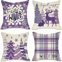 4pcs, Purple Winter Decorative Throw Pillow Covers, Snowflake Christmas Tree Deer Rabbit Porch Patio Outdoor Pillowcase, Snow Plaid Farmhouse Cushion Case Home Decor
