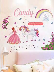 1 件 30*120 厘米玫瑰花束公主白马城堡墙贴，花卉仙女贴花，适用于儿童房、公主房、托儿所，可移除且自粘