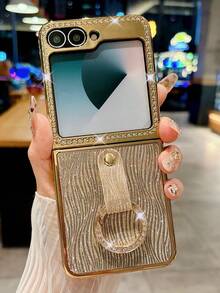 奢华电镀不对称水波纹水钻圆环闪光皮革手机壳适用于三星 Galaxy Z Flip 5 Z Flip 6 ZFlip 4 ZFlip 3 5G 时尚闪亮防震后盖防水防摔防刮 - 金色 - 查看 2