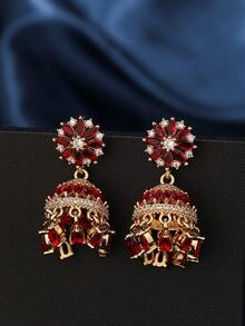 1 对奢华 Jhumka 耳环，优雅的铜锆石水晶花朵设计吊坠耳环，时尚创意风铃轻质耳环适合女性日常、节日、婚礼和派对佩戴/珠宝礼物 - 多色 - 查看 7