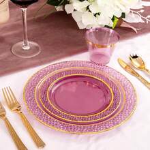 150PCS Clear Black Plastic Plates - Gold Party Plates - Black And Gold Dinnerware Set Include: 50 Plate, 25Cups, 25Forks, 25Knives, 25Spoons For New Year & Party & Father's Day - Purple - View 9