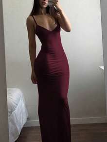 Long Dress With Straps Without Padding, Plain, Elegant, Parties, Sensual, Tight, Butt-Lifting, Suplex Fabric, Fashion, Summer, Sleeveless, 2025, Basic Evening - 紅木色 - 查看 3