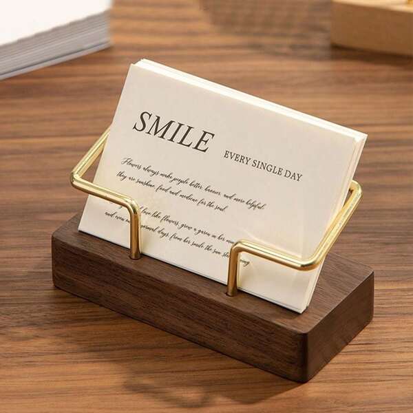 1pc Elegant Beech & Walnut Wood Business Card Holder - Minimalist Design With Metal Accent, Compact Desktop Display Stand, Suitable For Home Office Decor