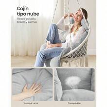 SONGMICS Hamaca Silla Silla Colgante Hamaca Colgante con Cojín Grande y Grueso Boho para Dormitorio Patio Balcón Jardín Sala de Estar Soporta hasta 120 kg a lanco Nube y Gris MGDC042G01 - BlancoNube+Gris - Ver 4