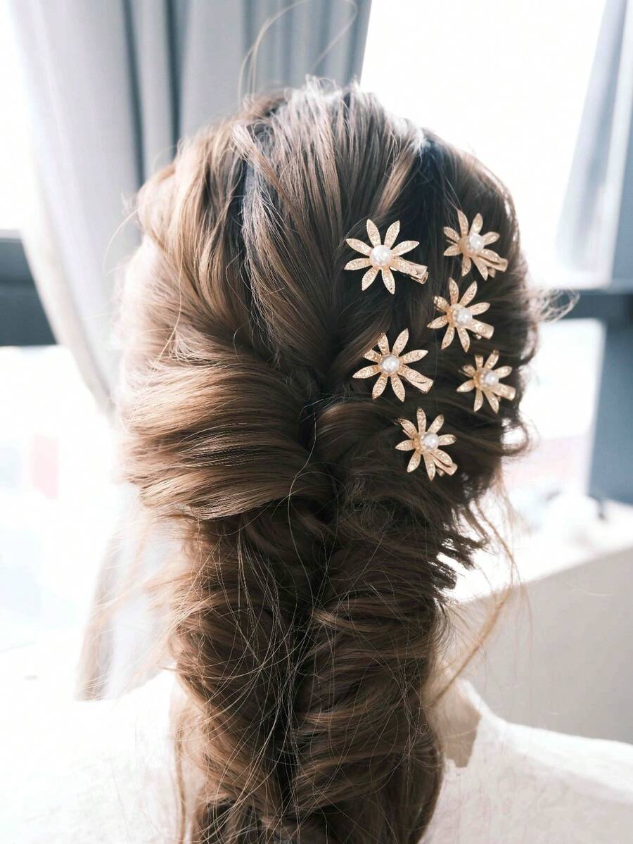 6 件金属花朵设计简约可爱发夹，适合婚礼、日常佩戴、度假场合 - 金色 - 查看 1