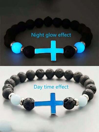1pc Volcano Stone Night Glow Vintage Bracelet, Multicolor Luminous Cross Beads Jewelry For Boys And Girls