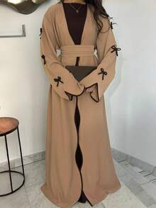 SuofeiMan New Stylish Middle Eastern Minimalist Bow Abaya, Khaki Solid Color Casual Soft Comfortable Jacket With Belt, Festival Robe, Daily Matching Dress