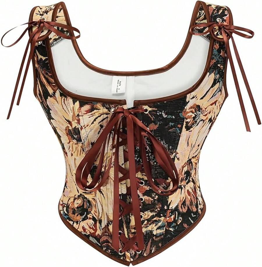 Womens Vintage 1920s Renaissance Lace Trim Corset Bustier, Retro Fashion - Black Vintage - View 1