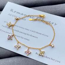 1 pièce Bracelet trèfle à quatre feuilles plaqué or 18 carats de couleur dopamine, design serti de zirconium, élégant et polyvalent. Convient aux femmes, pour les rendez-vous, les soirées, les cadeaux pour l'anniversaire de la petite amie/meilleure amie