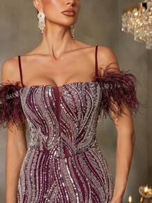 Faeriesty Faeriesty Elegant Off-Shoulder Mermaid Evening Gown - Sequin & Beaded Dress With Feather Embellished Shoulders, Cross Back Strap Detail & High Slit Fish Tail Skirt For Red Carpet Galas, Luxury Wedding Banquets, Elegance Events