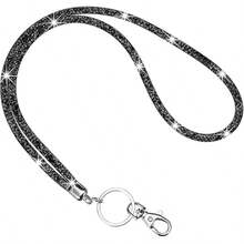 Bling Rhinestone Lanyard For Women | 31.5" Crystal Neck Strap With Metal Clasp Keychain For ID Badge, Student Card & Keys | Cute Back To School & Office Accessory(Black,White,Pink) - 黑色 - 查看 1