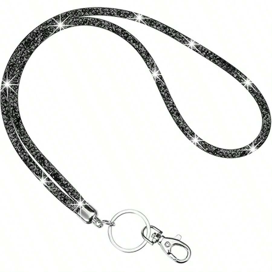 Bling Rhinestone Lanyard For Women | 31.5" Crystal Neck Strap With Metal Clasp Keychain For ID Badge, Student Card & Keys | Cute Back To School & Office Accessory(Black,White,Pink) - 黑色 - 查看 1