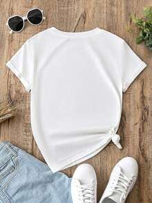 Camiseta de mujer  , casual y sencilla, de corte holgado y manga corta, estampada con motivos de letras, adecuada para el verano. - Blanco - Ver 2
