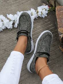 Women's Casual Gray Breathable Anti-Slip Canvas Shoes, Solid Color Pattern Canvas Material, Round Toe Elastic Lace-Up Easy On/Off Flat Sneakers, Lightweight Work Shoes - Grey - View 3