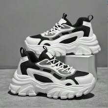 Couples Chunky Sneakers, Mesh Breathable Thick Sole Casual Athletic Shoes, Non-Slip Wear-Resistant, Suitable For All Seasons - Black - View 3