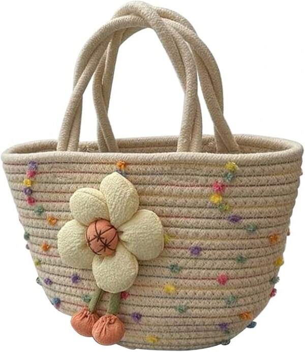 Hand-Woven Cotton Handbag Tote Bag Boho  Handles Tote Retro Summer Beach Bag Flower Handbag Holiday Shopping