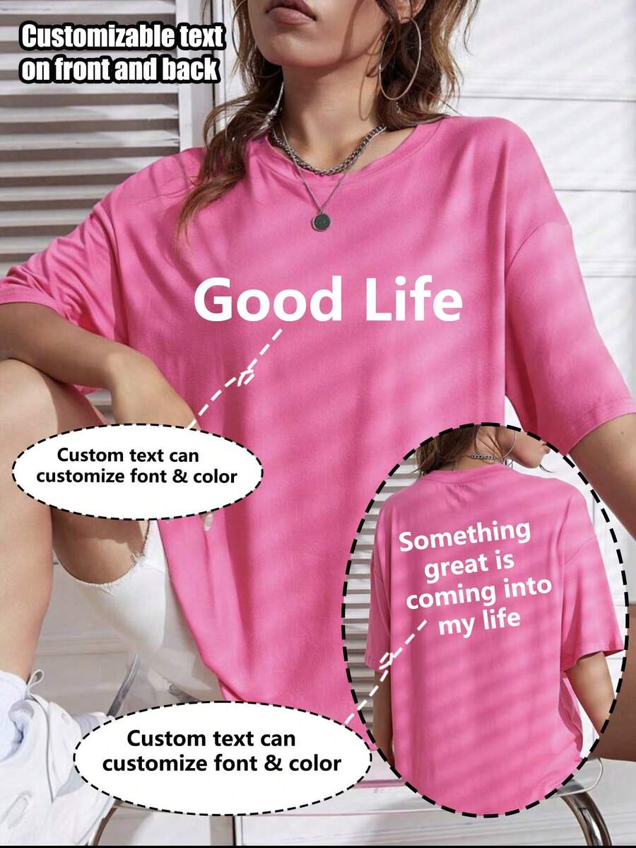 Women's Customizable Short Sleeve T-Shirt, Front And Back Personalization, Add Text, Personalized Printed Crop Top - Hot Pink - View 1