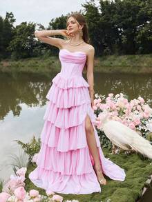 Faeriesty Váy tốt nghiệp bằng vải satin không dây sang trọng với nhiều lớp voan nhún bèo và dây buộc chéo phía sau - Váy trang trọng cho tiệc sinh nhật, tiệc cưới, dạ tiệc và sự kiện tối lãng mạn - Hồng - Xem 1