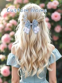 1 件女士定制发饰，女孩个性化名字蓝色牛仔蝴蝶结鳄鱼夹，定制名字，纯色牛仔蝴蝶结发夹，带珍珠花，优雅蝴蝶结发夹，休闲度假蝴蝶结发夹，女士发饰