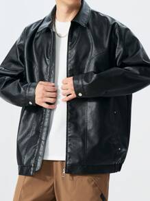 Plus Size PU Leather Jacket, Black Lapel Biker Leather Coat, Suitable For Autumn & Winter